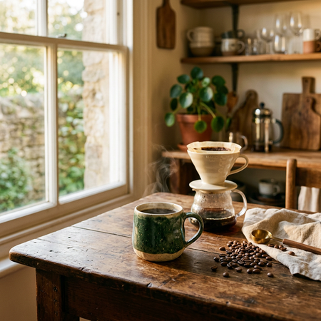 A steaming handmade ceramic mug of Cupper's Choice Premium Blend coffee on a rustic wooden kitchen table beside a pour-over dripper and scattered roasted coffee beans