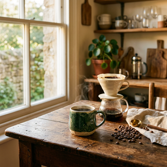 A steaming handmade ceramic mug of Cupper's Choice Premium Blend coffee on a rustic wooden kitchen table beside a pour-over dripper and scattered roasted coffee beans